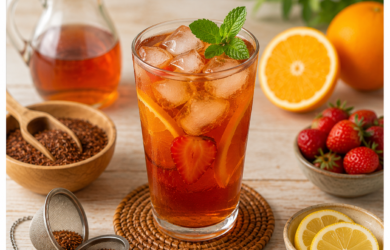 Vaso de preparado de rooibos frío con hielo y sus ingredientes en una mesa