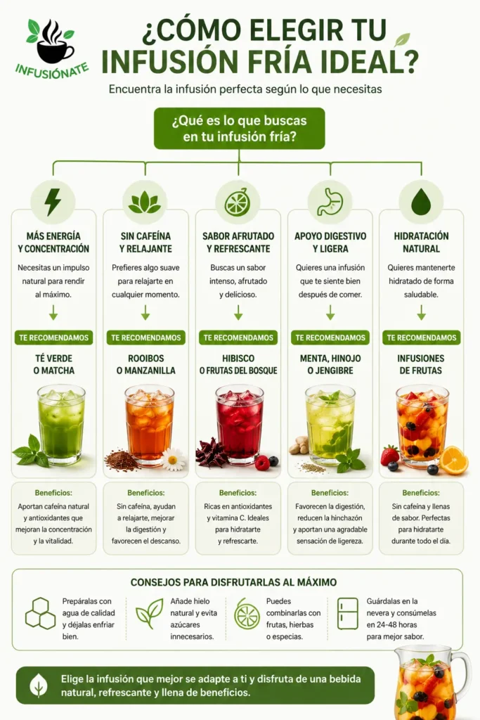 Infografía con un árbol de decisión para elegir la infusión fría más adecuada según si buscas energía, una opción sin cafeína, un sabor afrutado, apoyo digestivo o una bebida hidratante.