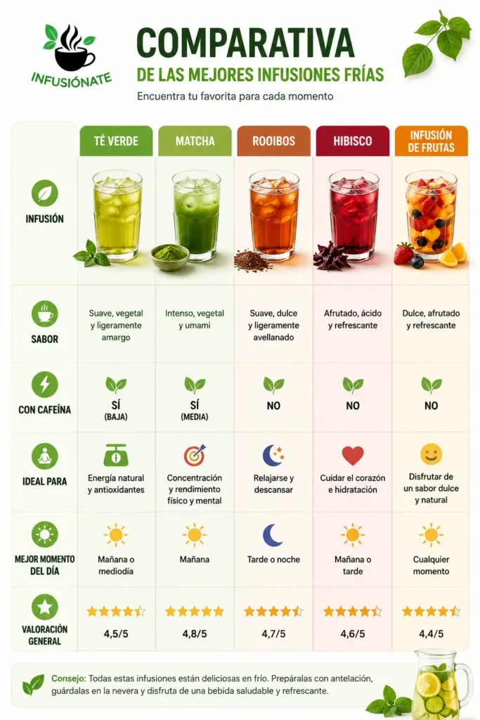 Infografía comparativa de té verde, matcha, rooibos, hibisco e infusión de frutas con información sobre sabor, cafeína, momento ideal de consumo y valoración general.