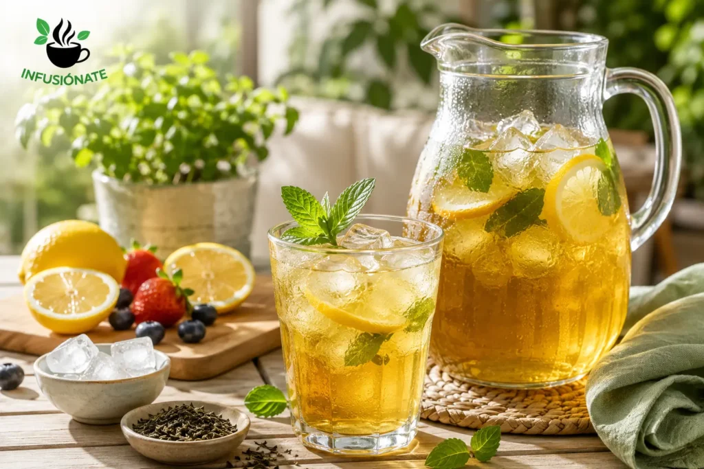 Jarra y vaso de infusión fría con hielo, limón y menta sobre una mesa de verano, una bebida refrescante ideal para disfrutar en los días calurosos.