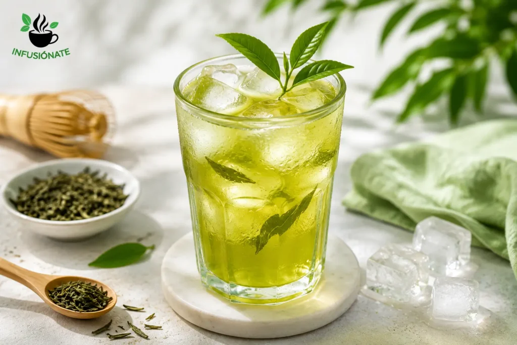 Vaso de té verde frío con hielo y hojas de té frescas, una infusión con cafeína ideal para refrescarse y obtener energía de forma natural durante el verano.