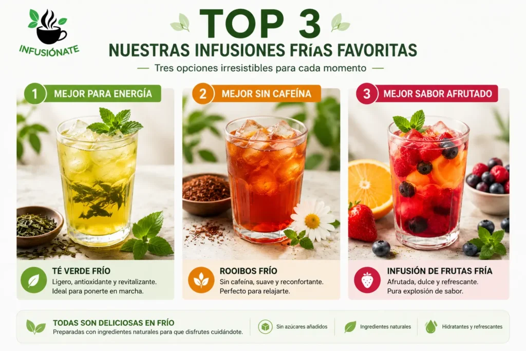 Comparativa visual con tres infusiones frías recomendadas: té verde para energía, rooibos sin cafeína e infusión de frutas por su sabor afrutado.