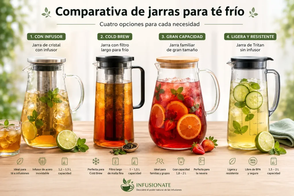 Comparativa de cuatro jarras para té frío de cristal, con infusor, Cold Brew y gran capacidad.
