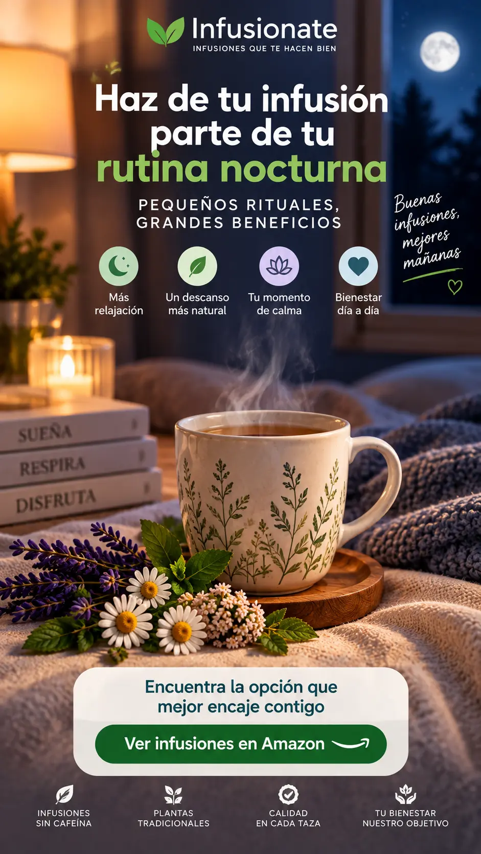 Taza de infusión caliente en un ambiente nocturno tranquilo con plantas, libro y luz cálida.
