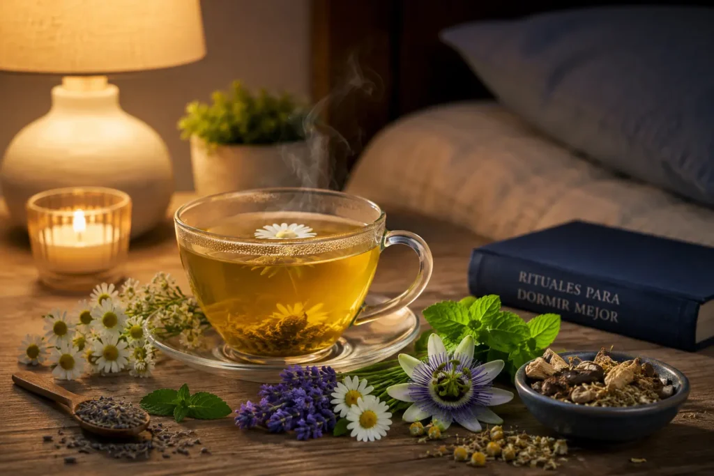 Taza de infusión caliente rodeada de manzanilla, lavanda, pasiflora y otras plantas en un ambiente nocturno relajante.