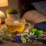 Taza de infusión caliente rodeada de manzanilla, lavanda, pasiflora y otras plantas en un ambiente nocturno relajante.