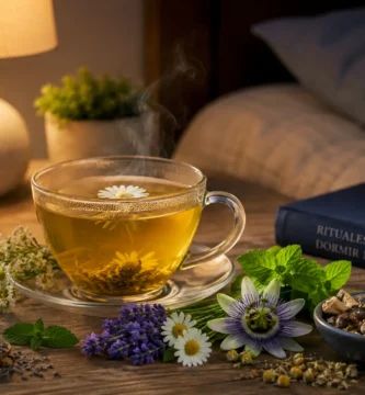 Taza de infusión caliente rodeada de manzanilla, lavanda, pasiflora y otras plantas en un ambiente nocturno relajante.