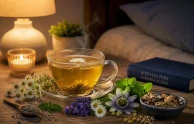 Taza de infusión caliente rodeada de manzanilla, lavanda, pasiflora y otras plantas en un ambiente nocturno relajante.