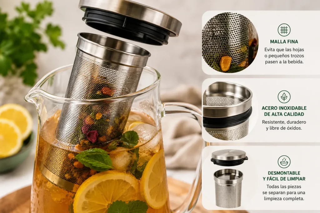 Detalle de un infusor de acero inoxidable dentro de una jarra de cristal para preparar té frío.