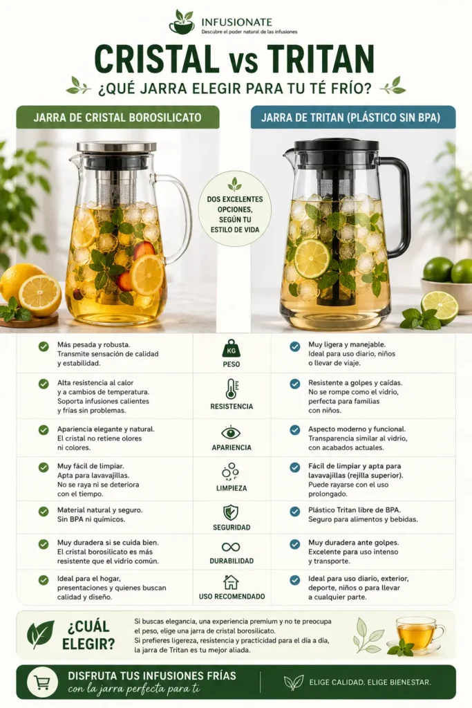 Comparativa entre una jarra de cristal borosilicato y una jarra de Tritan para preparar té frío.