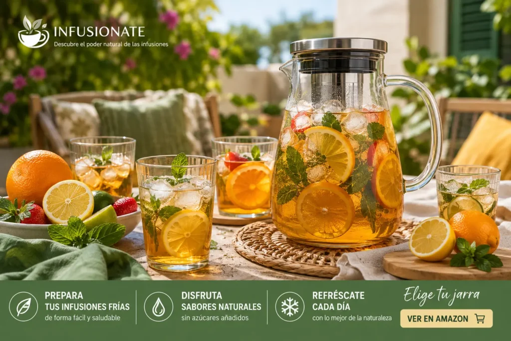 Jarra de té frío con hielo y frutas servida con varios vasos en una terraza de verano.