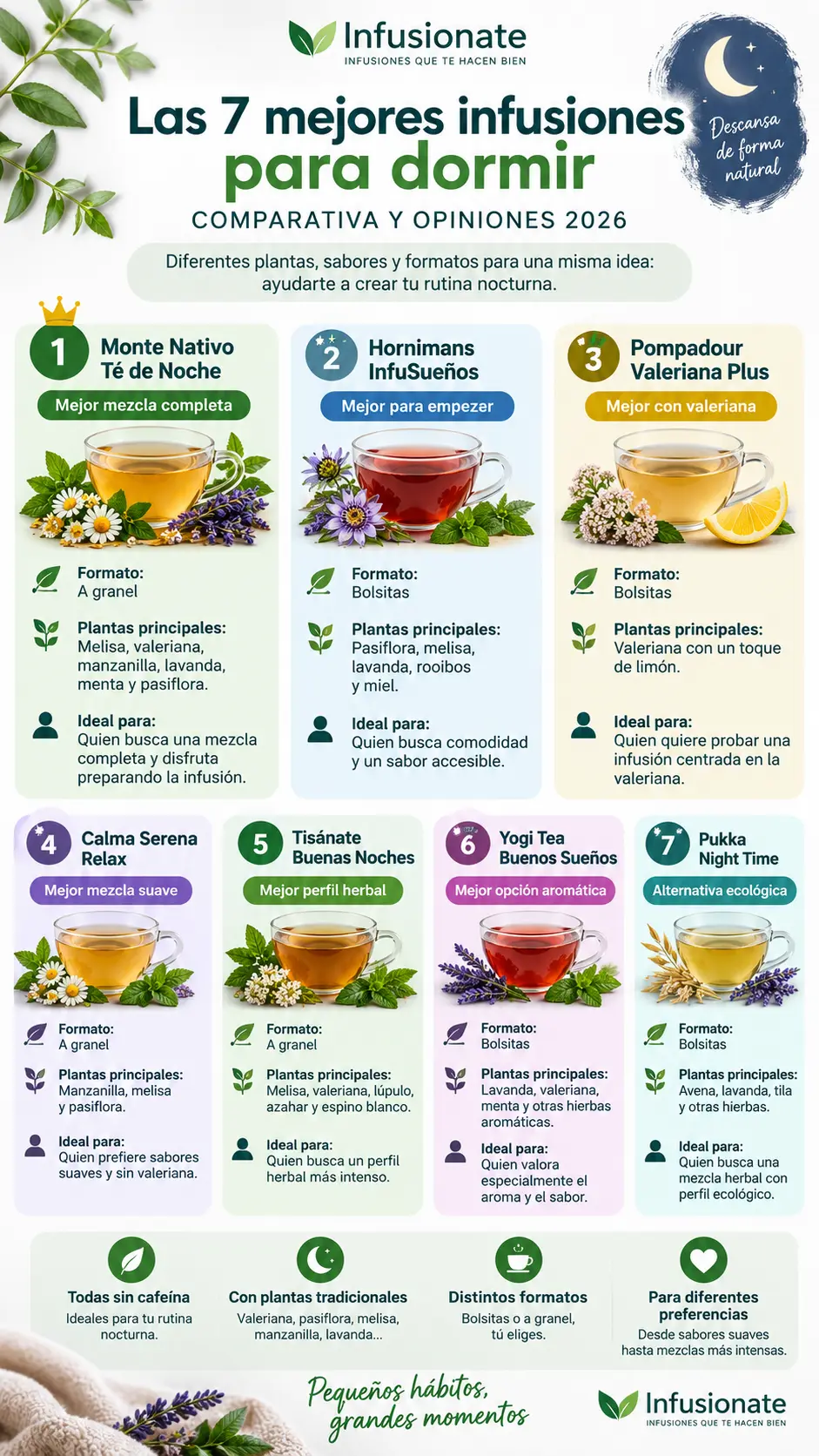 Infografía comparativa de siete infusiones para la noche según composición, formato y tipo de usuario.