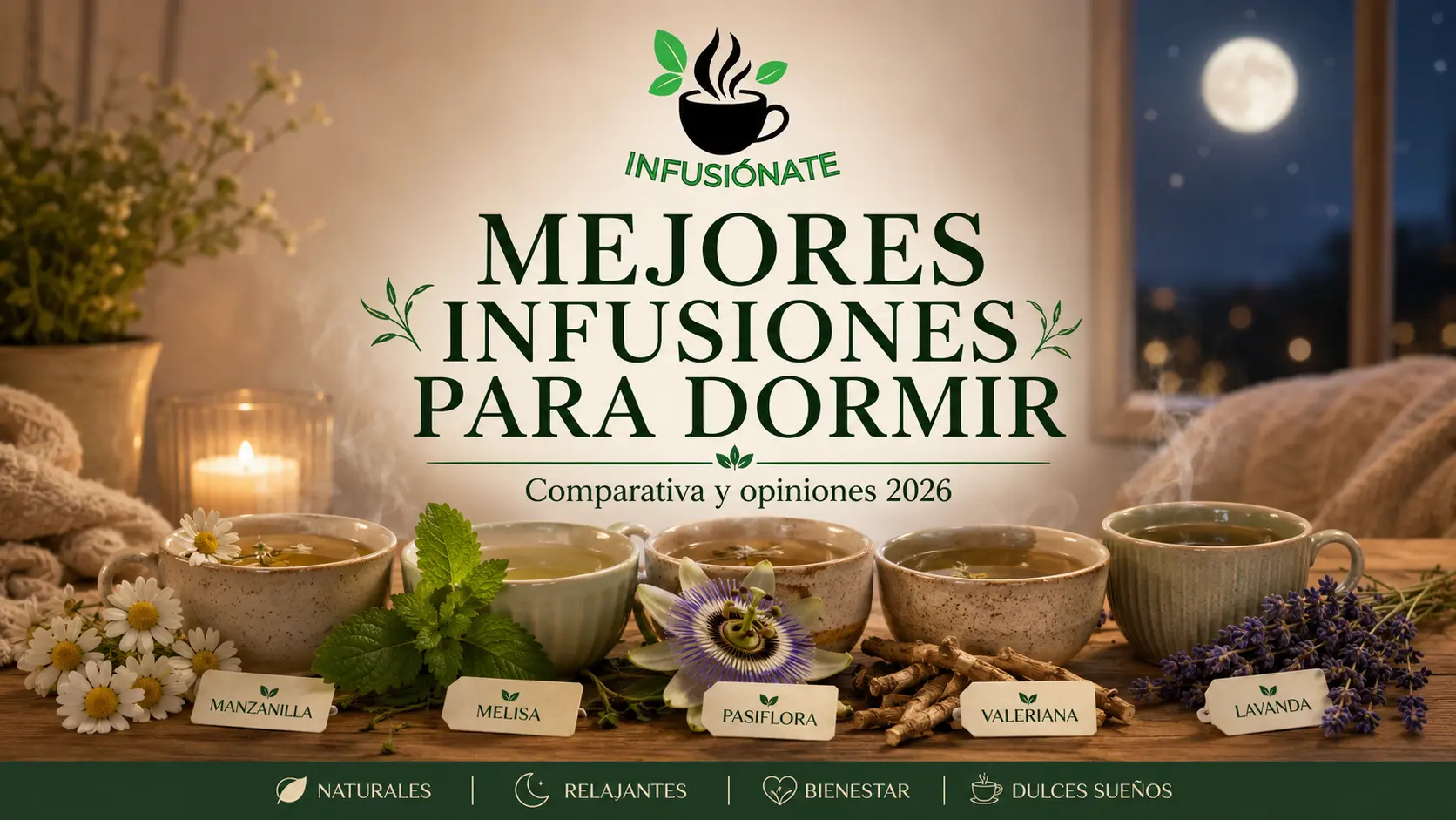 Selección de infusiones y plantas relajantes para incorporar a una rutina nocturna antes de dormir.