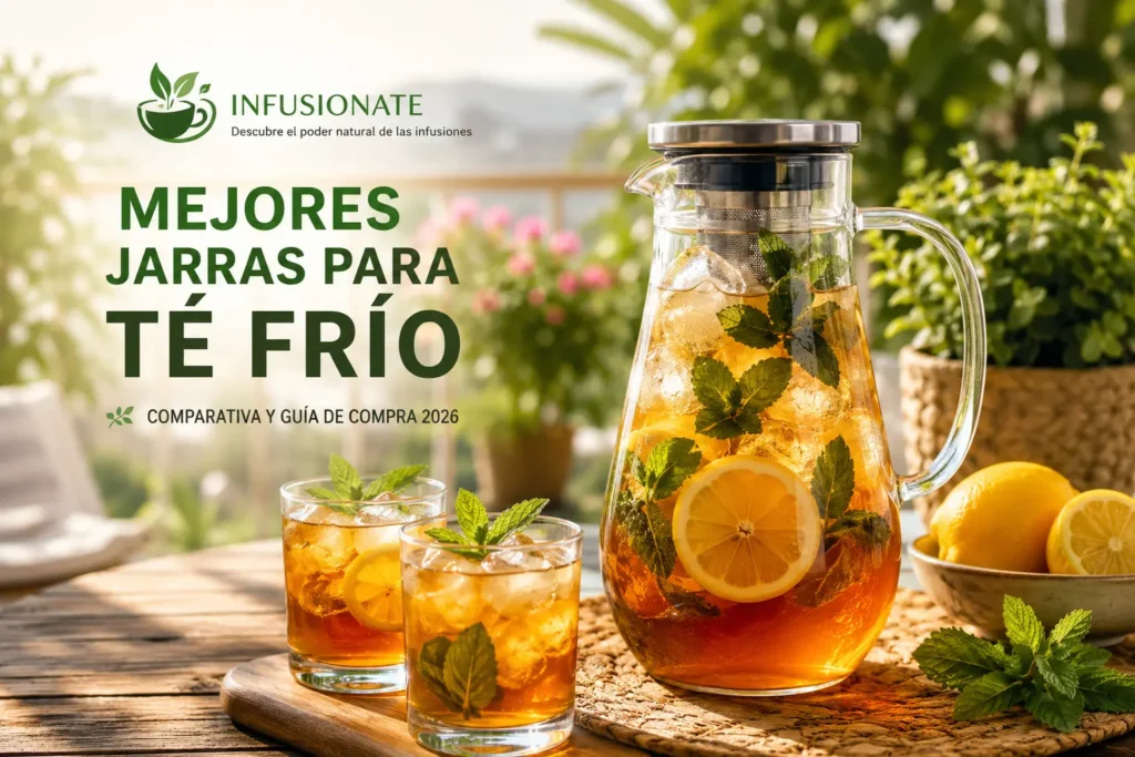 Jarra de cristal con té frío, hielo, limón y menta sobre una mesa de verano.