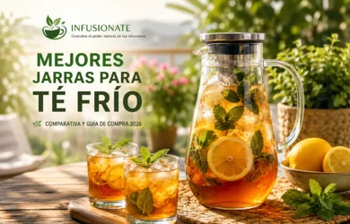 Jarra de cristal con té frío, hielo, limón y menta sobre una mesa de verano.