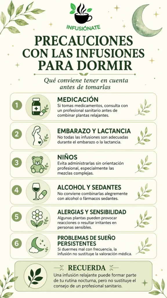 Infografía vertical con precauciones sobre medicamentos, embarazo, niños, alcohol, alergias y problemas persistentes de sueño al tomar infusiones relajantes.