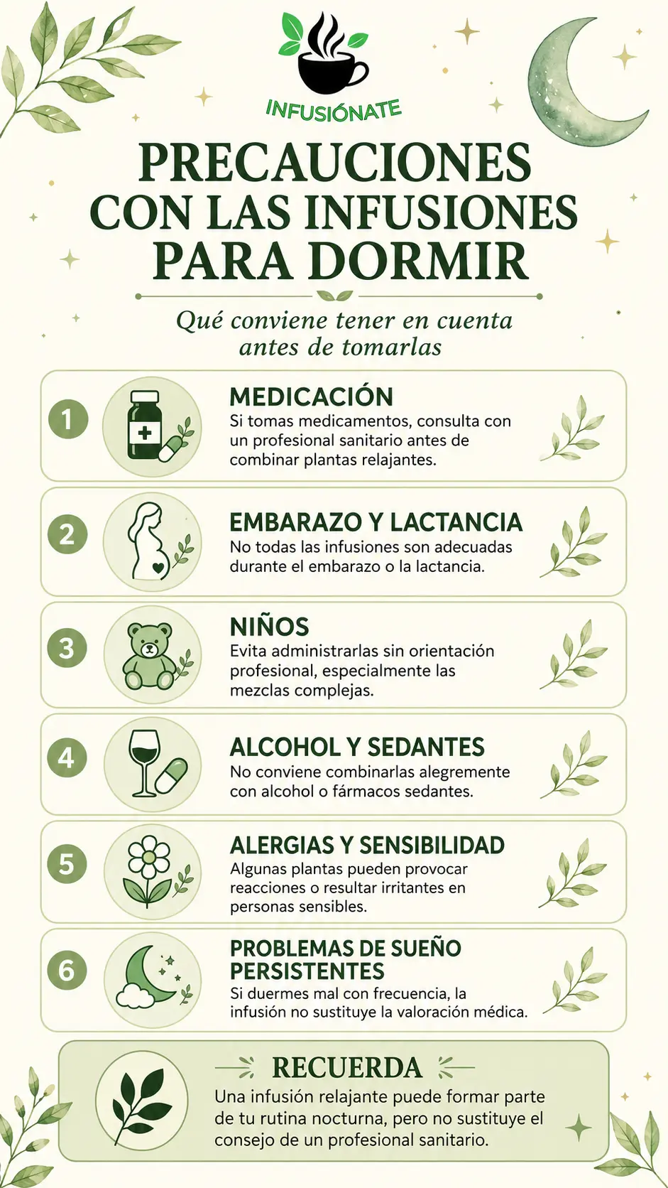 Infografía vertical con precauciones sobre medicamentos, embarazo, niños, alcohol, alergias y problemas persistentes de sueño al tomar infusiones relajantes.