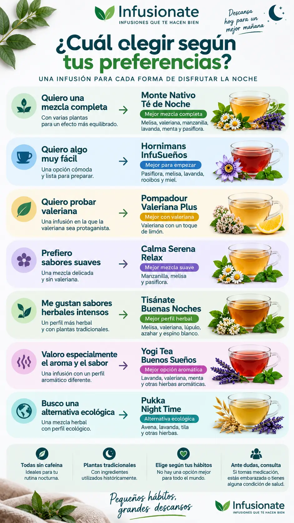 Infografía que ayuda a elegir una infusión para la noche según sabor, composición, formato y preferencias personales.