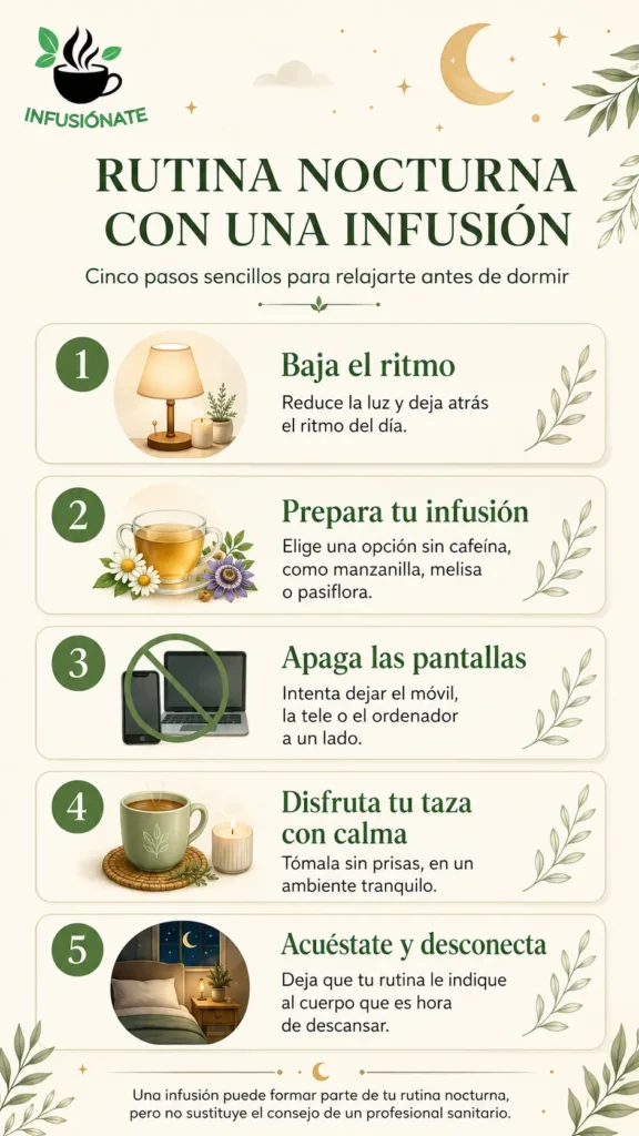 Infografía vertical con una rutina nocturna relajante que incluye preparar una infusión, reducir pantallas y bajar el ritmo antes de acostarse.
