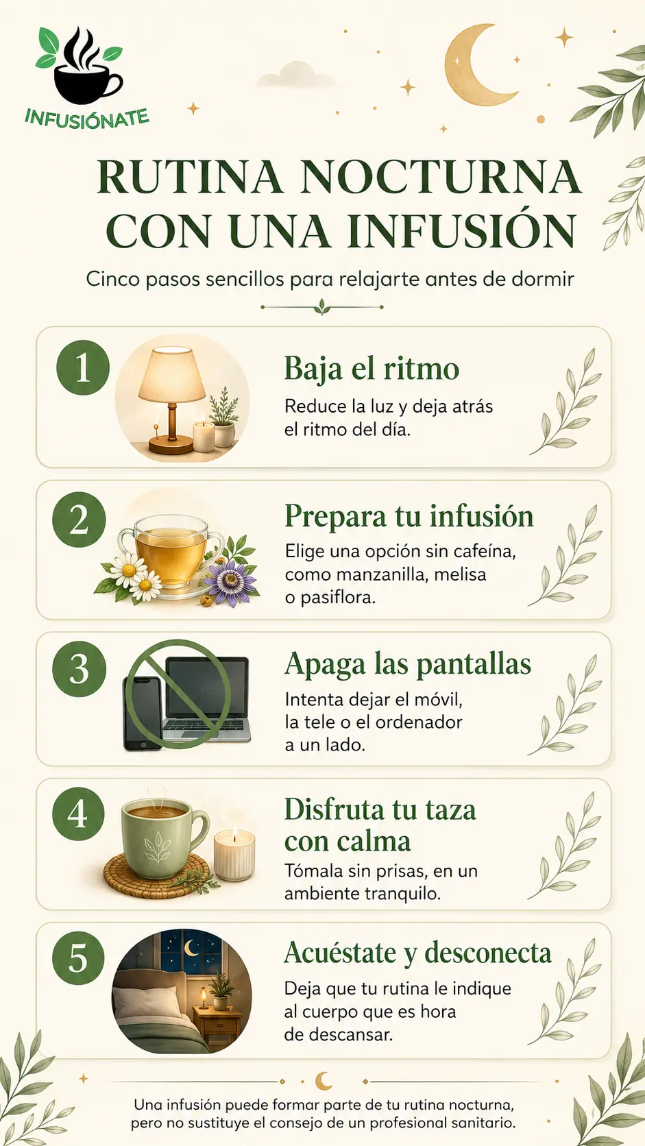 Infografía vertical con una rutina nocturna relajante que incluye preparar una infusión, reducir pantallas y bajar el ritmo antes de acostarse.