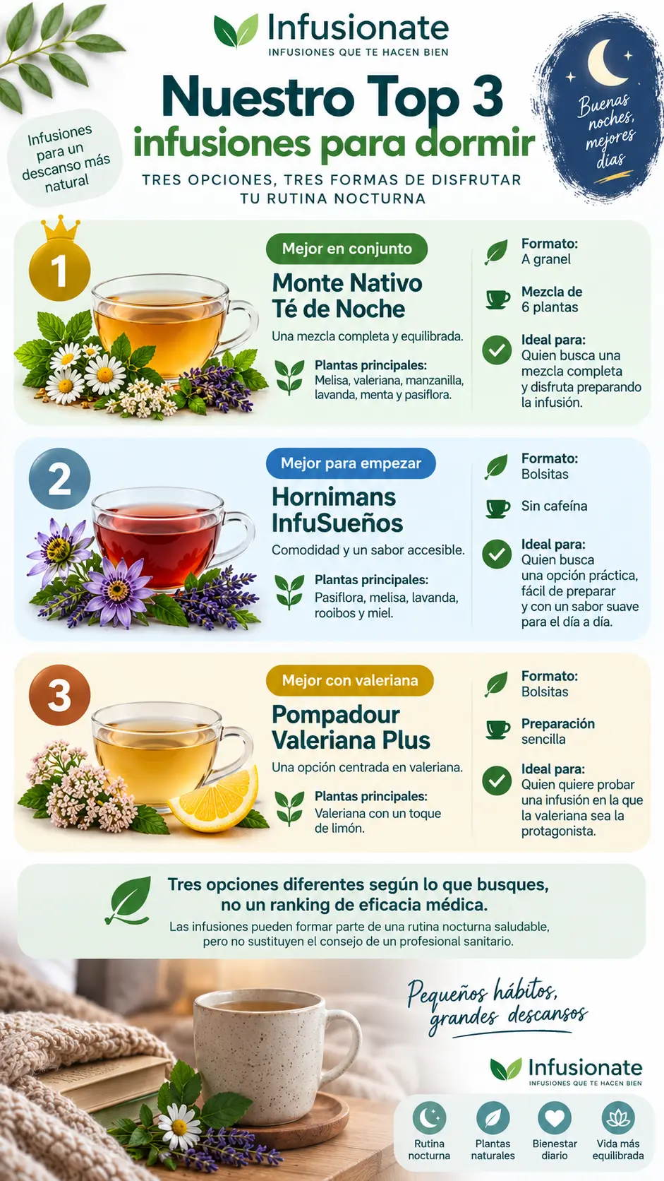 Top 3 de infusiones para dormir según mezcla completa, facilidad de preparación y contenido en valeriana.
