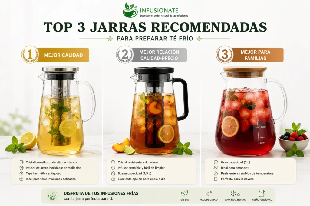 Top 3 de jarras recomendadas para té frío según calidad, relación calidad-precio y capacidad familiar.