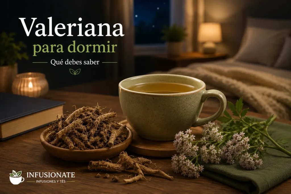 Taza de infusión junto a raíz de valeriana en un ambiente tranquilo antes de dormir.