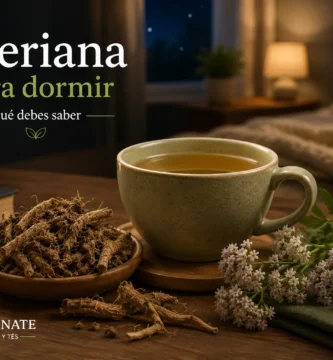 Taza de infusión junto a raíz de valeriana en un ambiente tranquilo antes de dormir.