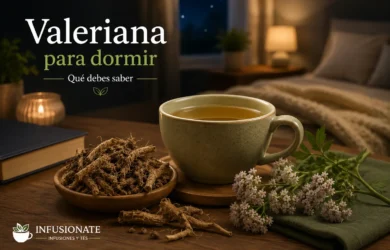 Taza de infusión junto a raíz de valeriana en un ambiente tranquilo antes de dormir.