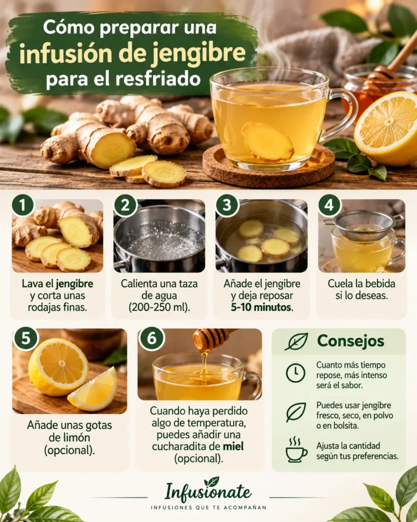 Infografía paso a paso sobre cómo preparar una infusión de jengibre con limón y miel