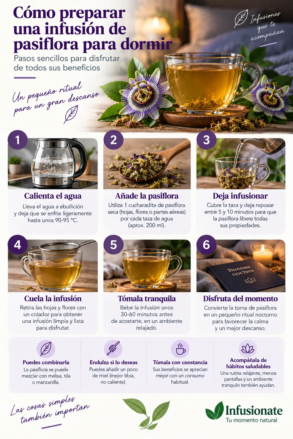 Infografía paso a paso sobre cómo preparar una infusión de pasiflora antes de dormir