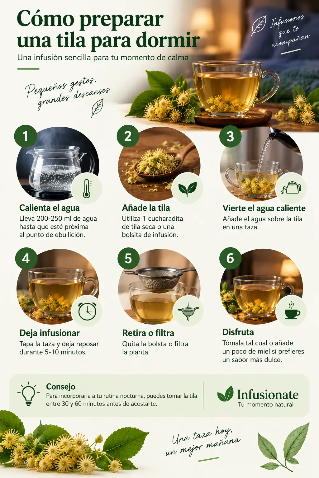 Infografía paso a paso sobre cómo preparar una tila para dormir, desde calentar el agua hasta tomar la infusión