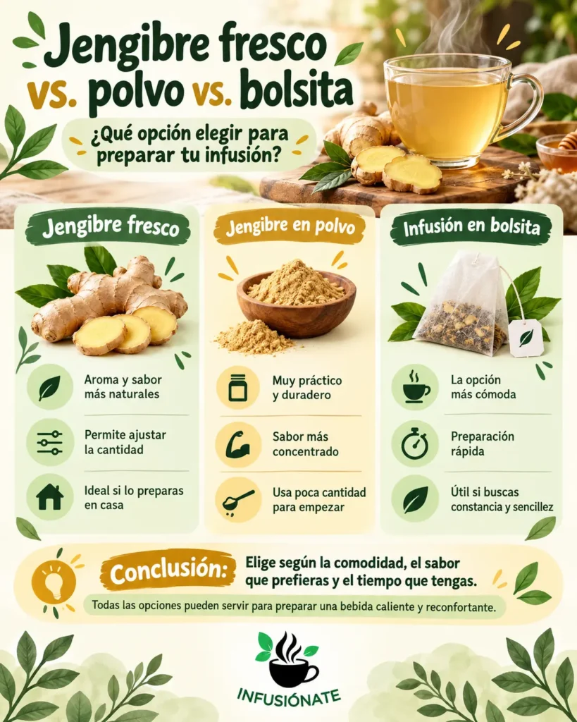 Comparativa entre jengibre fresco, jengibre en polvo e infusión en bolsita para preparar una bebida caliente