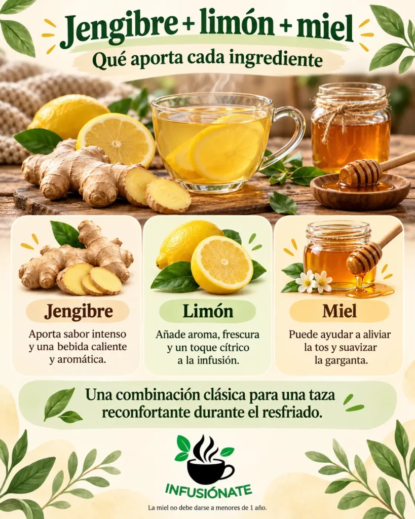 Infografía sobre qué aportan el jengibre, el limón y la miel en una bebida caliente para el resfriado