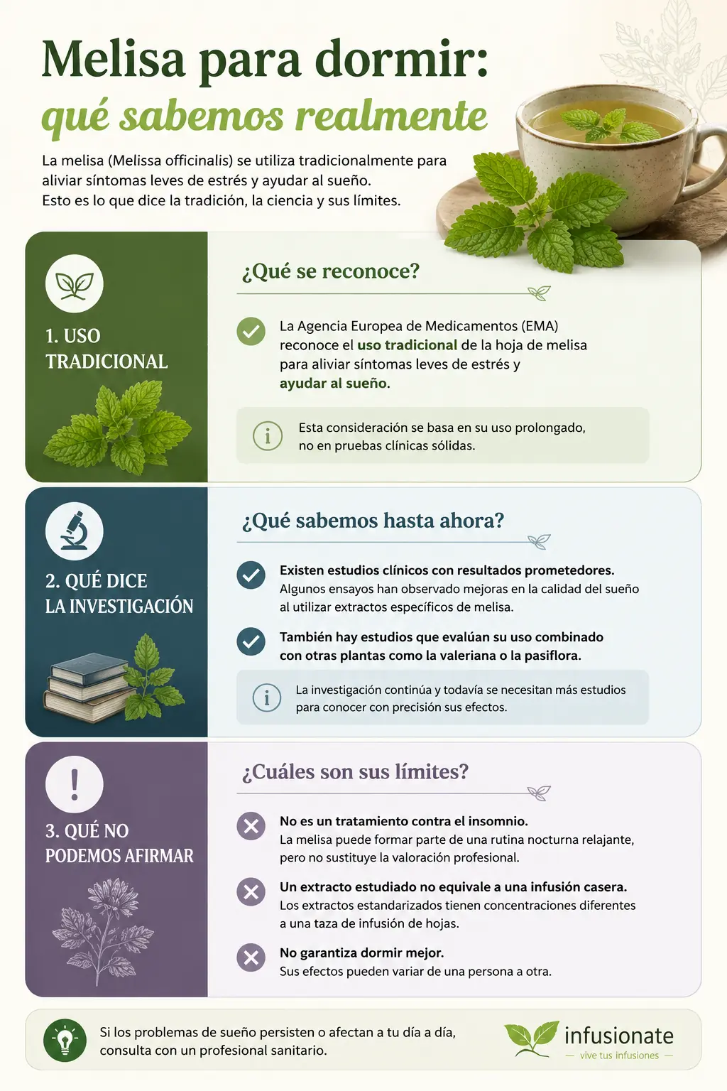 Infografía sobre el uso tradicional de la melisa para el sueño, la evidencia disponible y sus principales limitaciones.
