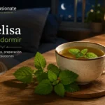 Taza de infusión de melisa con hojas de melisa en un ambiente nocturno tranquilo.