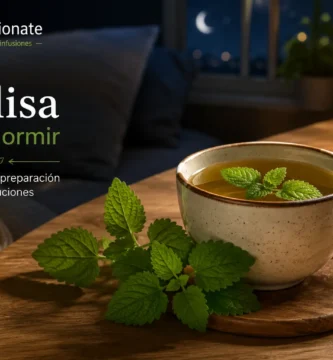 Taza de infusión de melisa con hojas de melisa en un ambiente nocturno tranquilo.