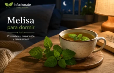 Taza de infusión de melisa con hojas de melisa en un ambiente nocturno tranquilo.