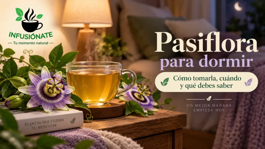 Taza de infusión de pasiflora con flores de pasiflora en un ambiente nocturno relajante