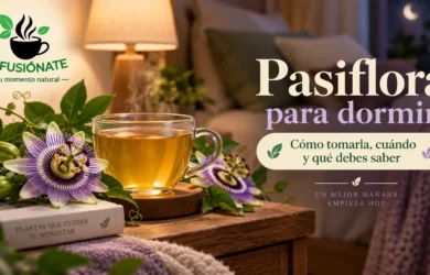 Taza de infusión de pasiflora con flores de pasiflora en un ambiente nocturno relajante