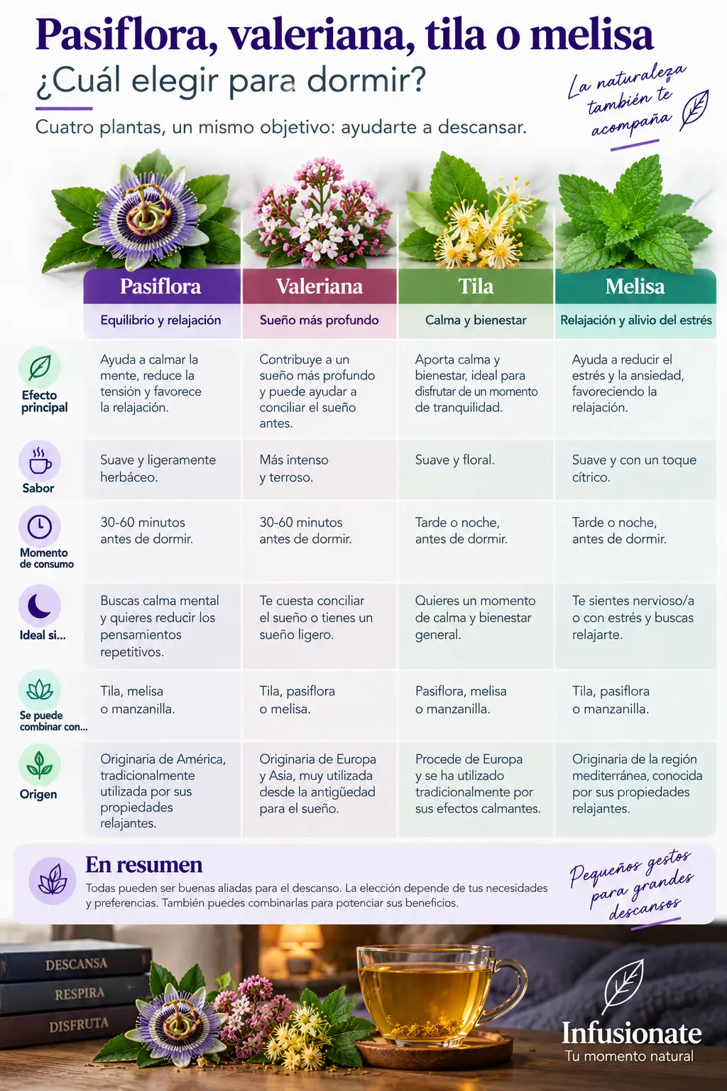 Comparativa entre pasiflora, valeriana, tila y melisa con sabor, momento de consumo y uso tradicional