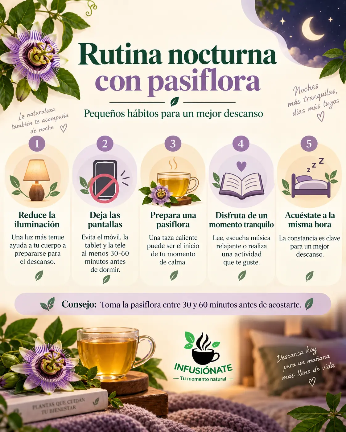 Infografía con cinco pasos para crear una rutina nocturna con pasiflora antes de dormir