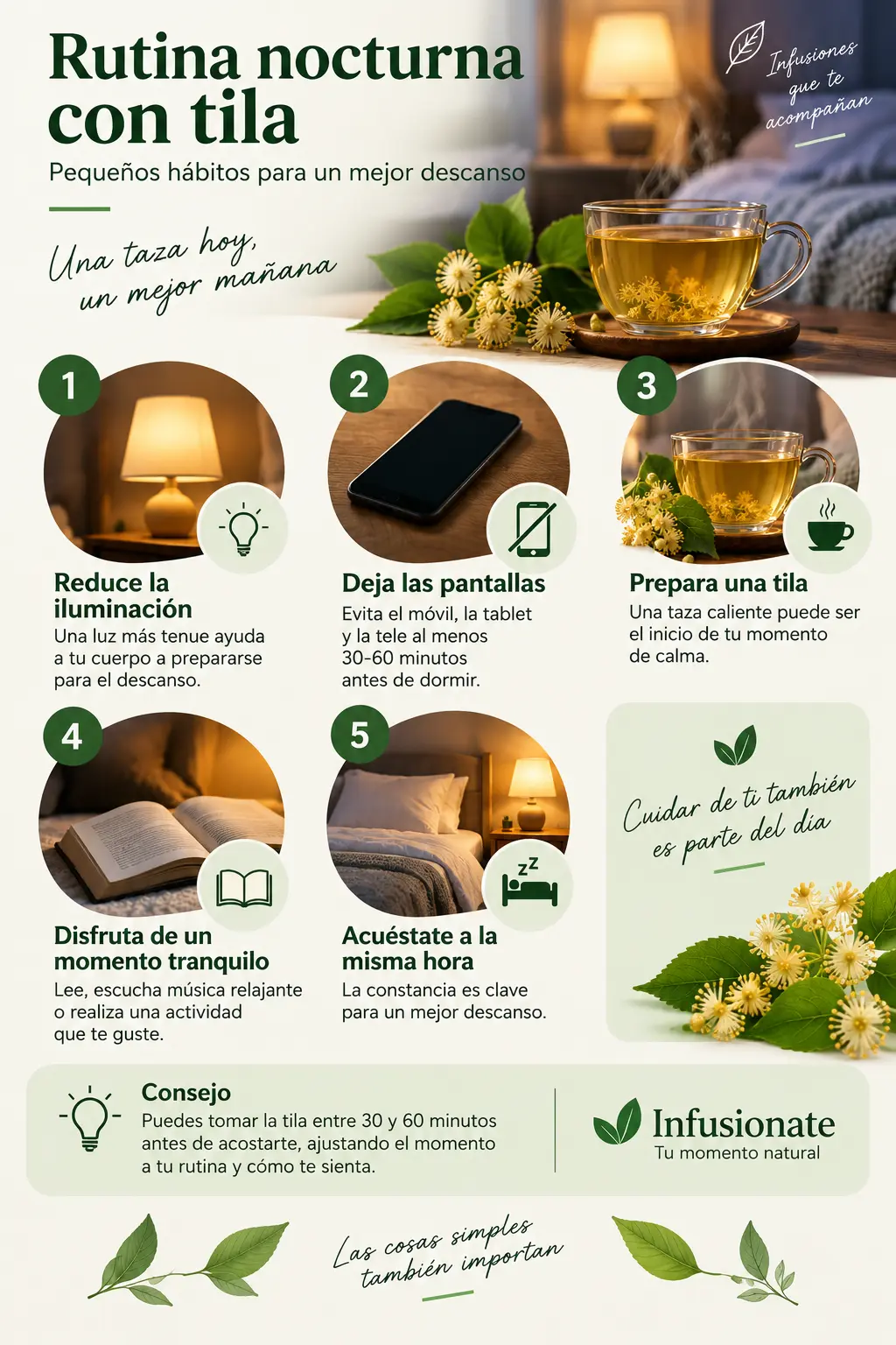 Infografía con cinco pasos para crear una rutina nocturna con tila antes de dormir