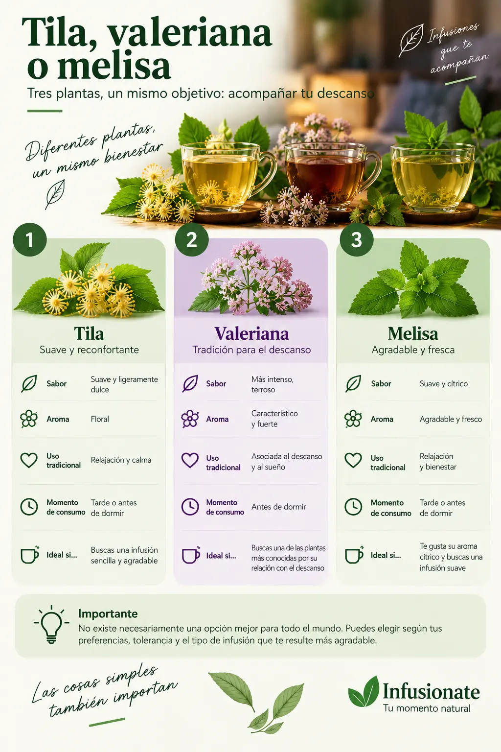 Comparativa entre tila, valeriana y melisa con su sabor, aroma, uso tradicional y momento recomendado de consumo