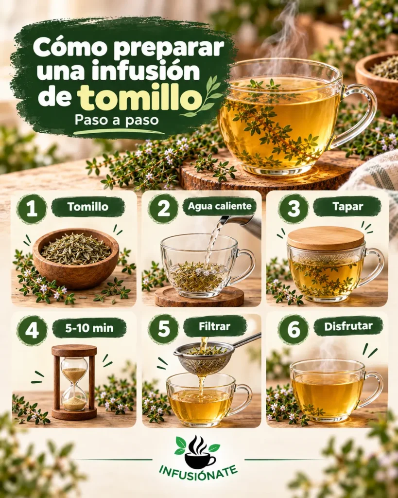 Infografía paso a paso para preparar una infusión de tomillo con agua caliente y dejarla reposar de 5 a 10 minutos