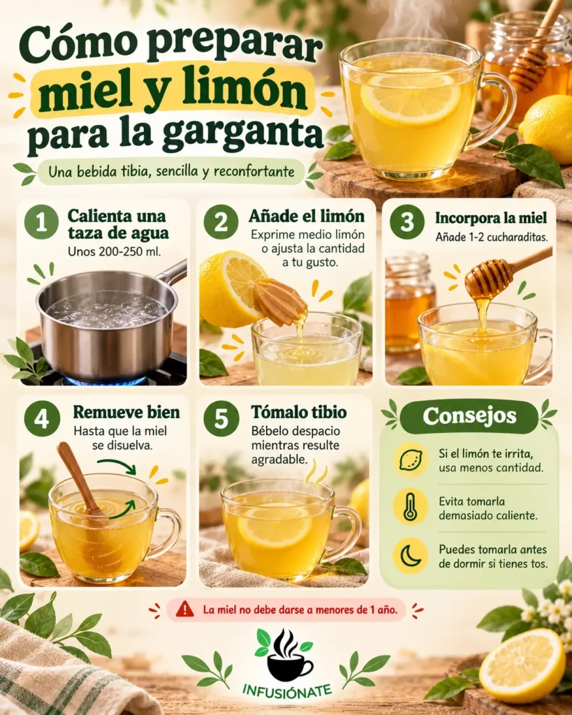 para la garganta Infografía paso a paso sobre cómo preparar una bebida tibia de miel y limón para la garganta