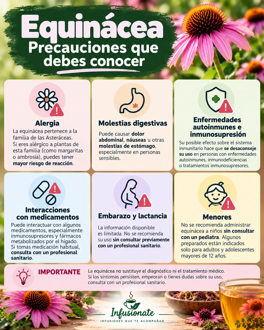 Infografía con precauciones de la equinácea sobre alergias, digestivo, autoinmunidad, medicación, embarazo y menores