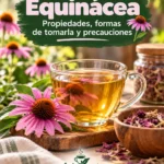 Taza de infusión junto a flores de equinácea y preparados herbales