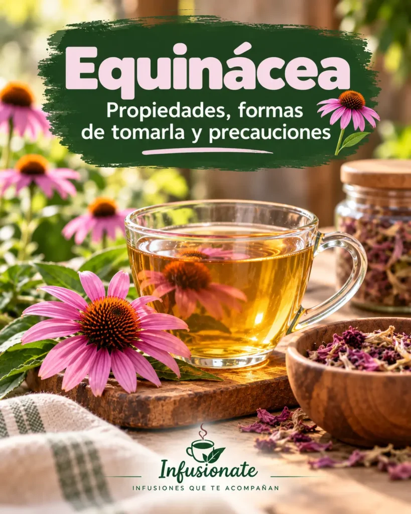 Taza de infusión junto a flores de equinácea y preparados herbales