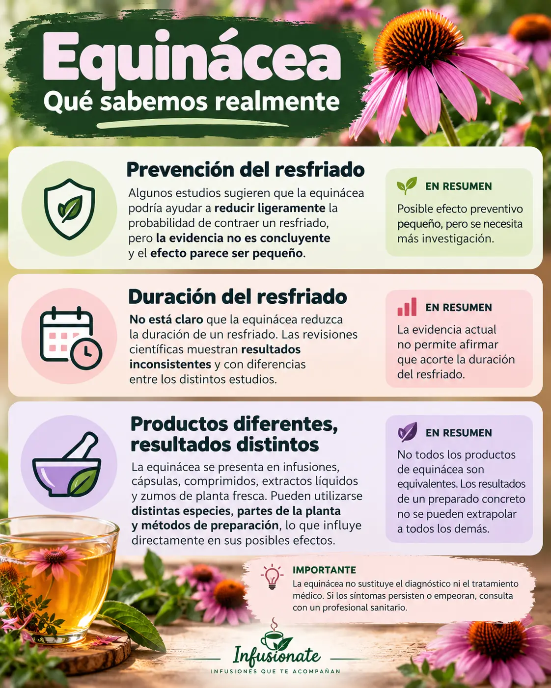Infografía sobre la evidencia de la equinácea en prevención, duración del resfriado y diferencias entre preparados